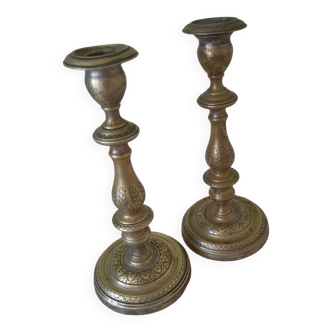2 antique brass candle holders