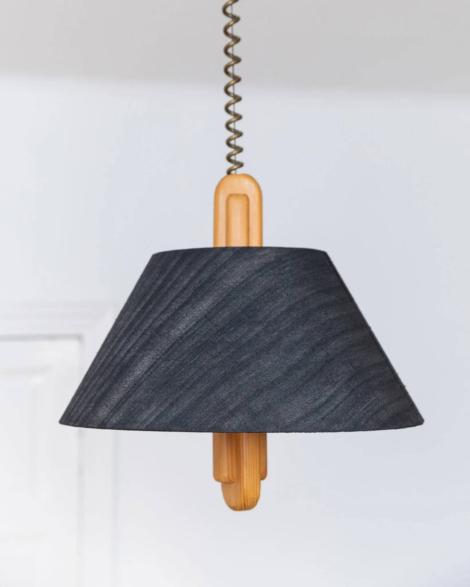 Temde Mid-Century Ceiling Light with dark charcoal silk shade and wooden center column