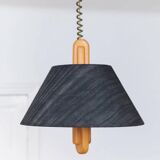 Temde Mid-Century Ceiling Light with dark charcoal silk shade and wooden center column