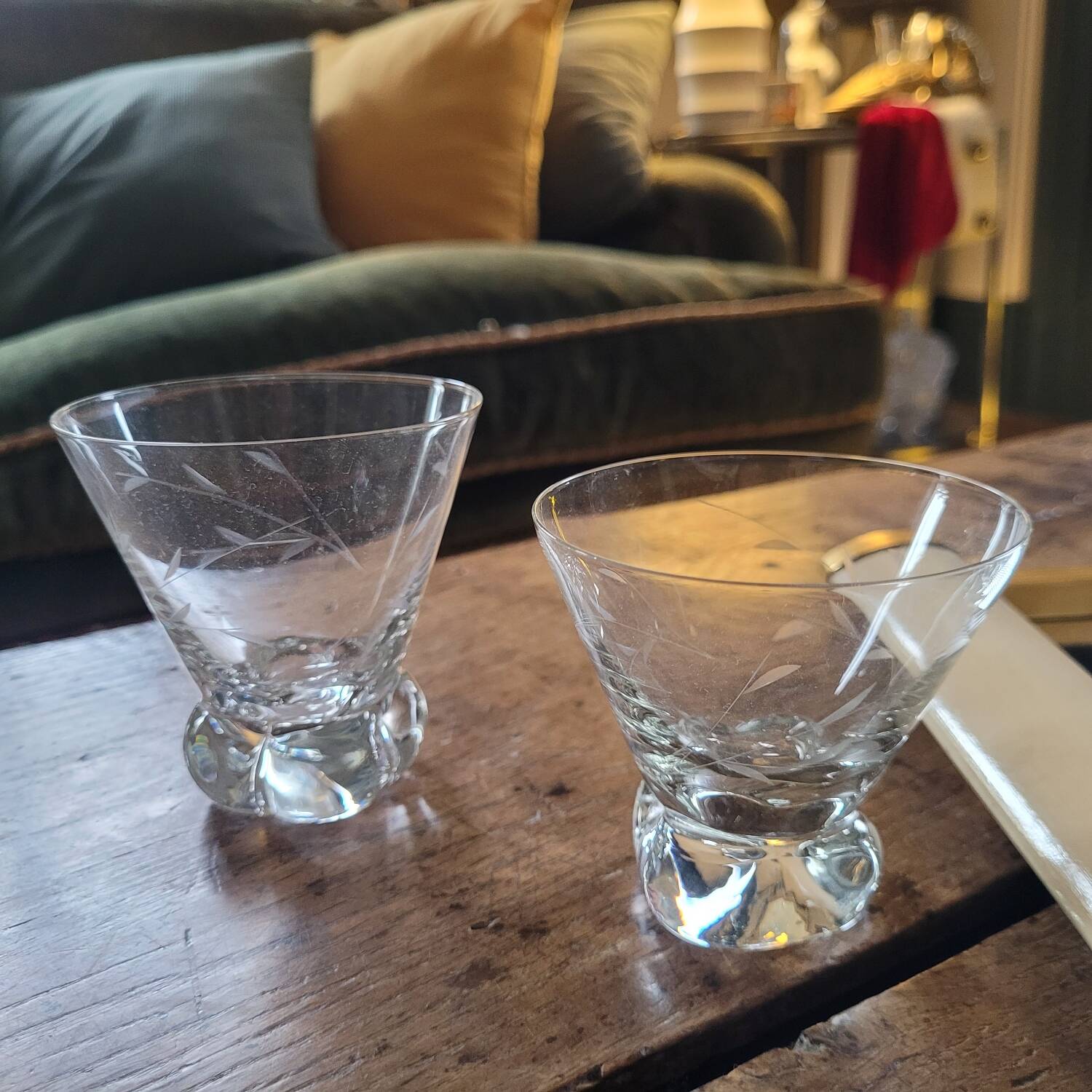 Engraved crystal glasses with twisted stems, 1960s