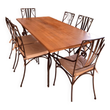 Table à manger en bois avec 6 chaises en fer forgé