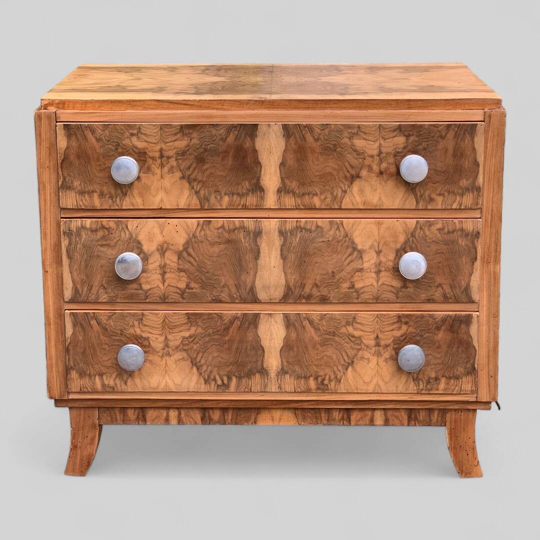 Art Deco chest of drawers in raw walnut burl