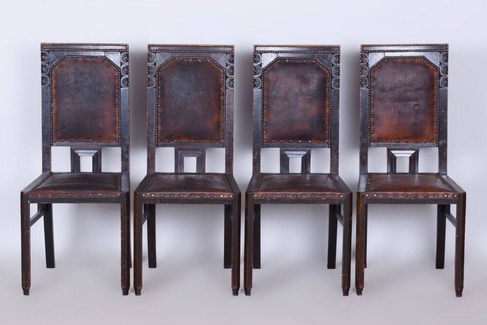 Czech Cubist Chairs in Oak and Red Leather by Josef Gočár, 1910s, Set of 4