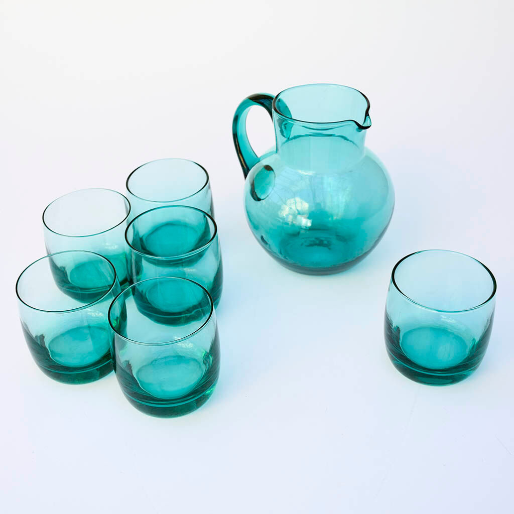 Carafe set with 6 vintage turquoise glasses