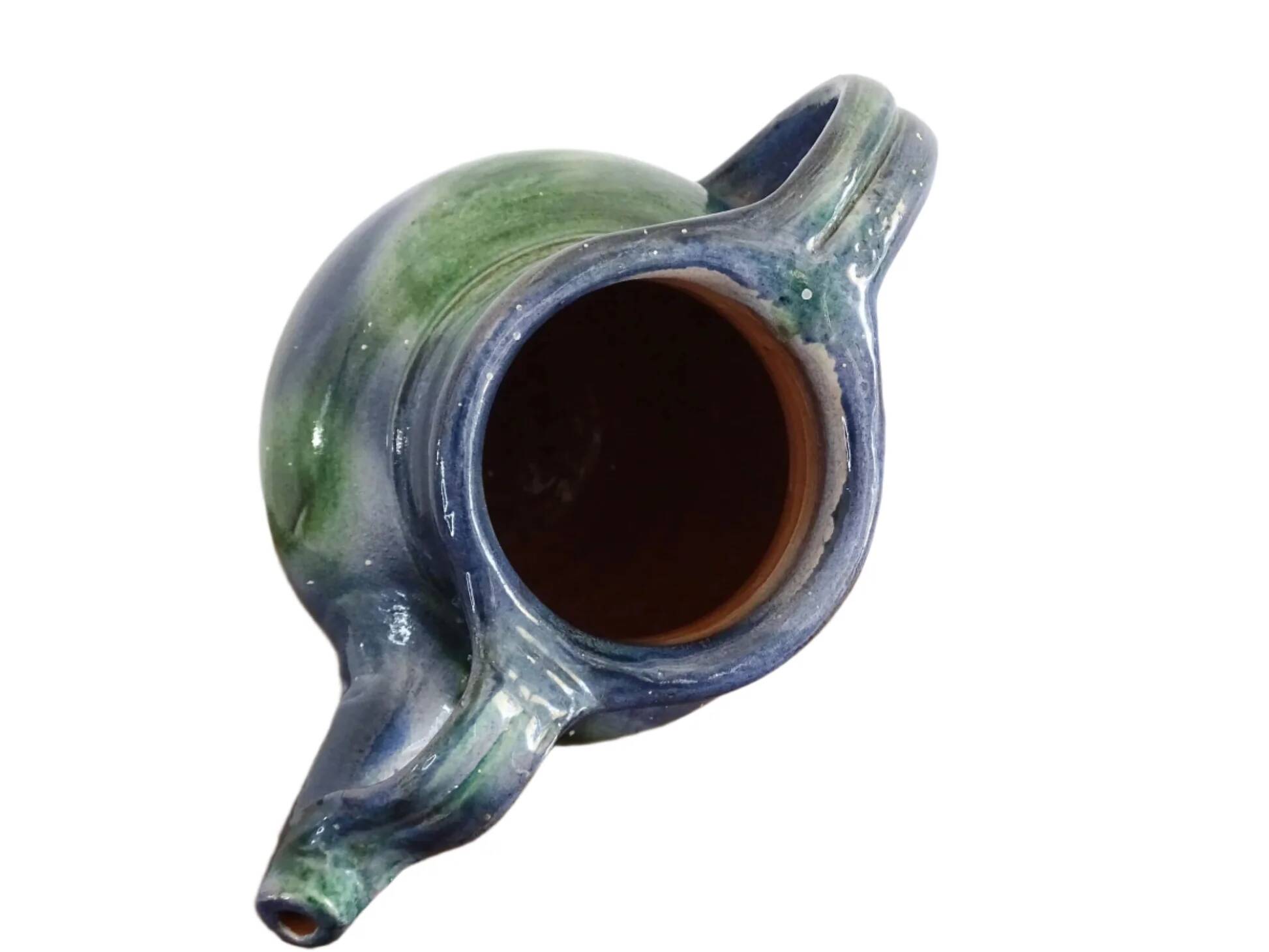 Cruche ou orjol en faïence française ancienne à glaçure bleue et verte