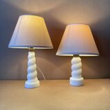 Set of 2 small old twisted opaline lamps