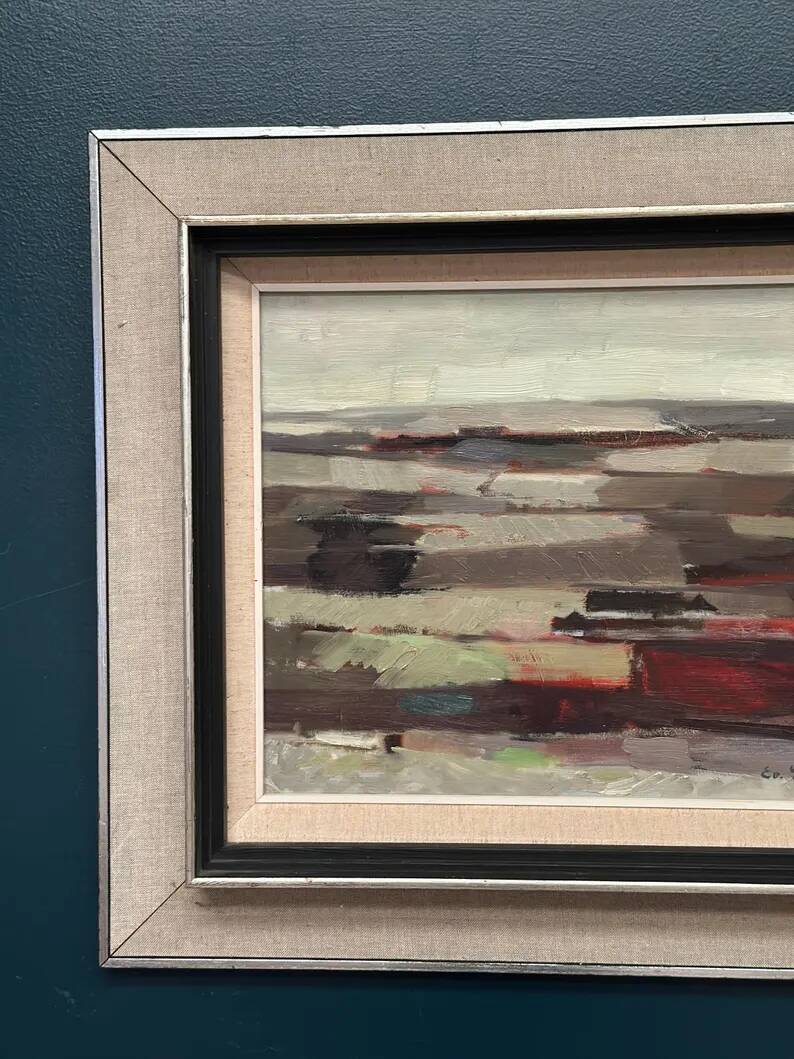 Original Swedish Oil on Panel – “Field Patches” by Evert Färhm (1901–1971) – Signed – 1968 – Vintage & Framed – 61 × 53 cm (24" × 20.9")