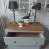 Compass feet vintage gray green, 3 drawers, wooden tray.