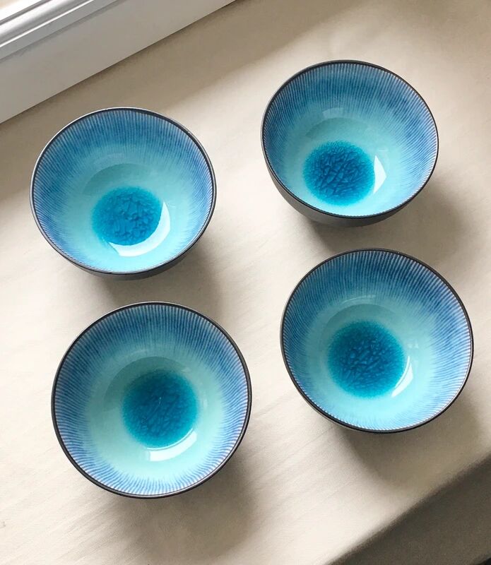 4 Bols en grès japonais émaillé turquoise Neufs