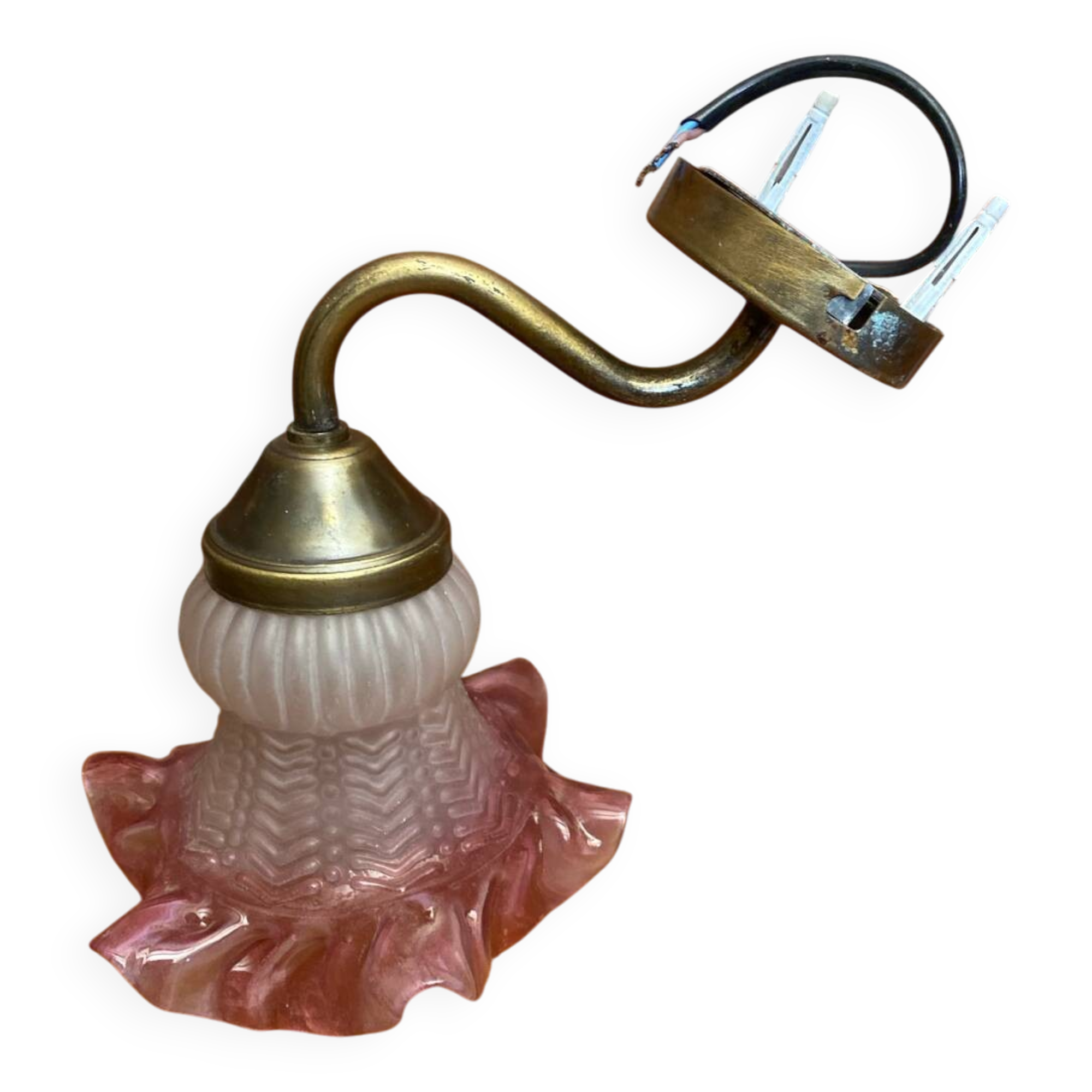 Antique Swan Neck Wall Lamp Gold Metal + Vintage Pink Glass Tulip