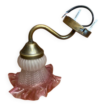 Antique Swan Neck Wall Lamp Gold Metal + Vintage Pink Glass Tulip