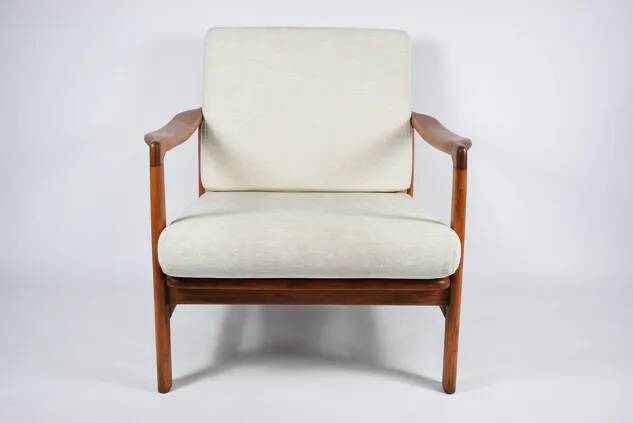 Scandinavian armchair in teak and cream fabric by Baczyk, 1960s, restored.