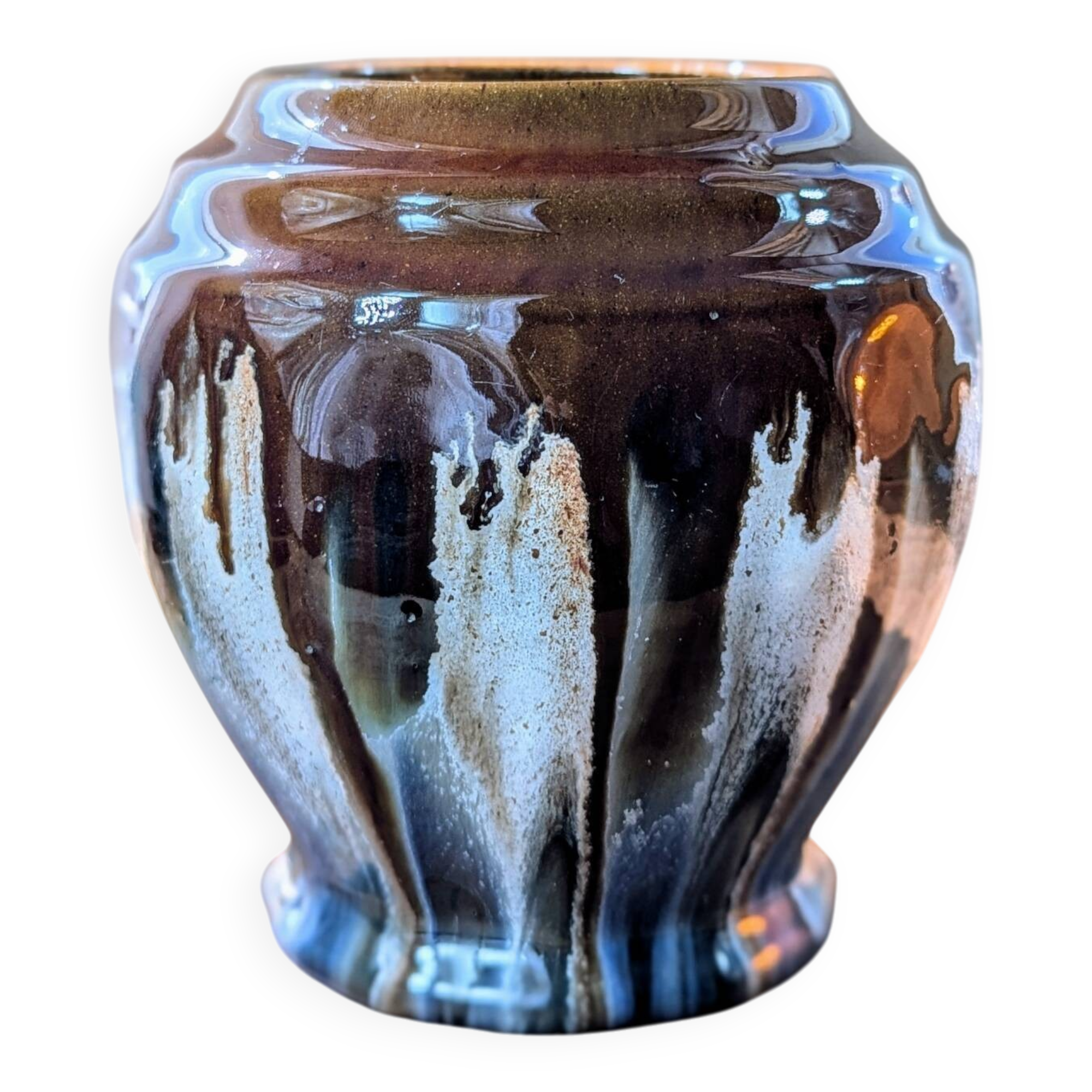Vase vintage en grès émaillé, marron et bleu gris, décor à coulures
