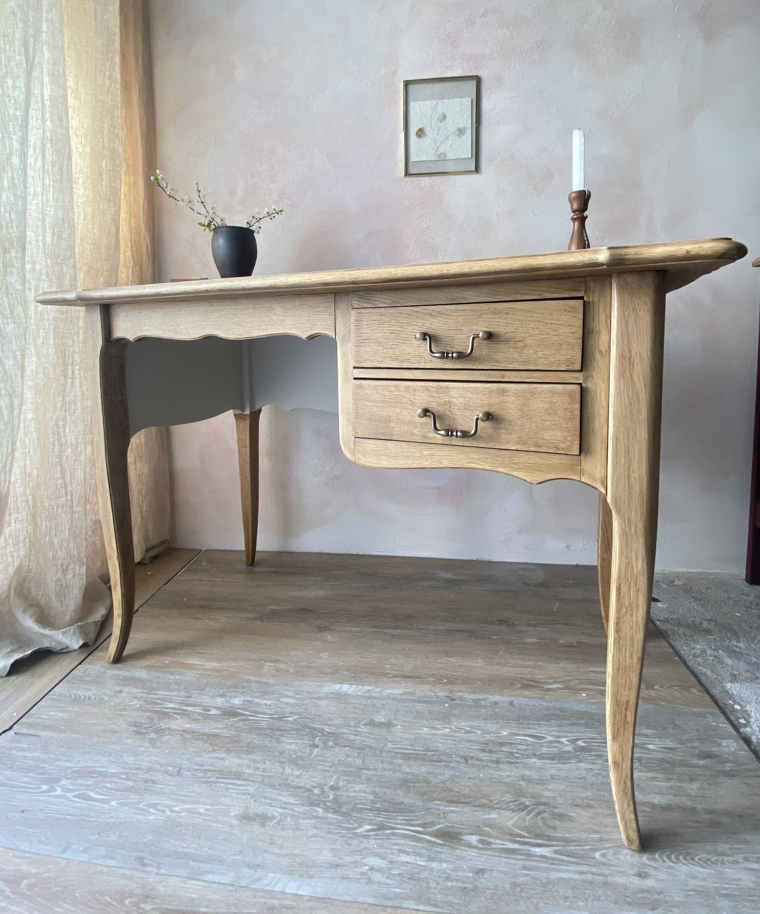 Antique 2-drawer desk in raw wood and beige, renovated.