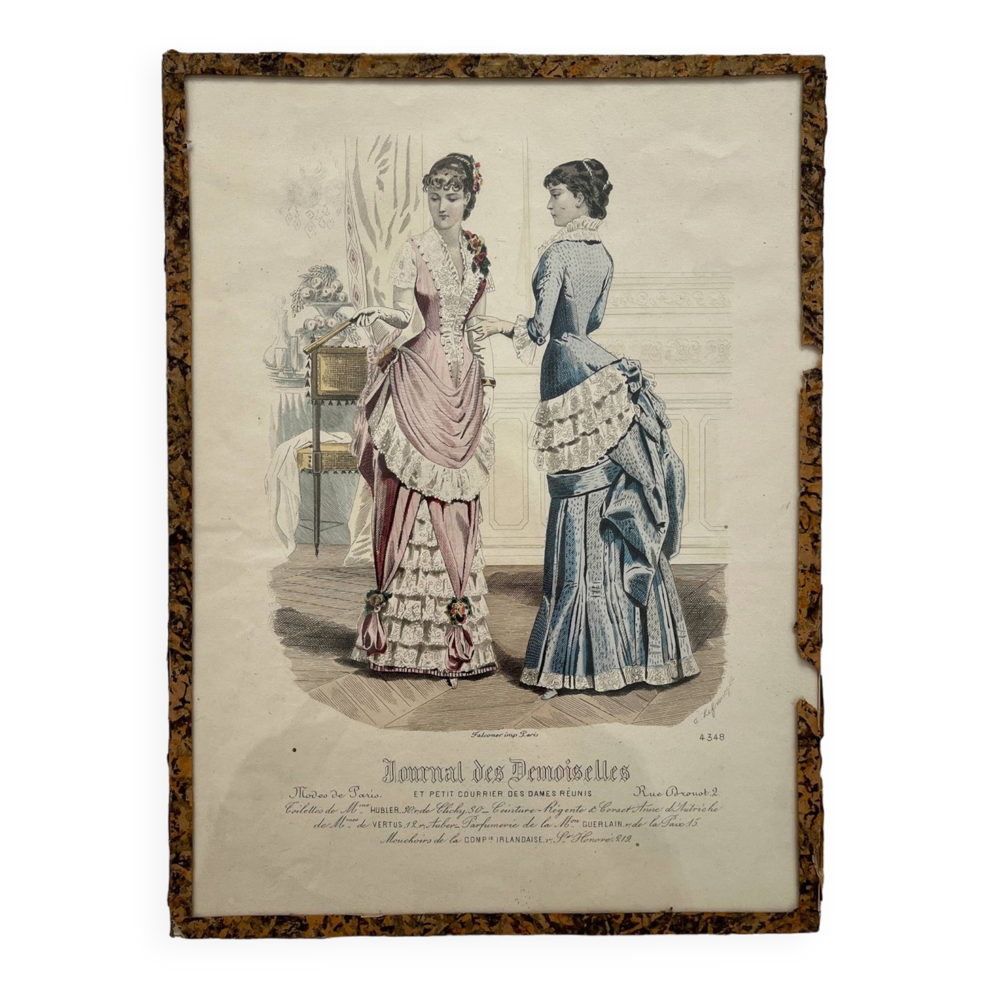 Engraving lithograph old fashion illustration under glass late 19th century