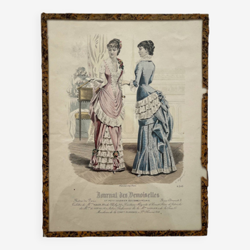Gravure lithographie illustration de mode ancienne sous verre fin 19eme