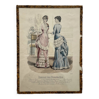 Gravure lithographie illustration de mode ancienne sous verre fin 19eme