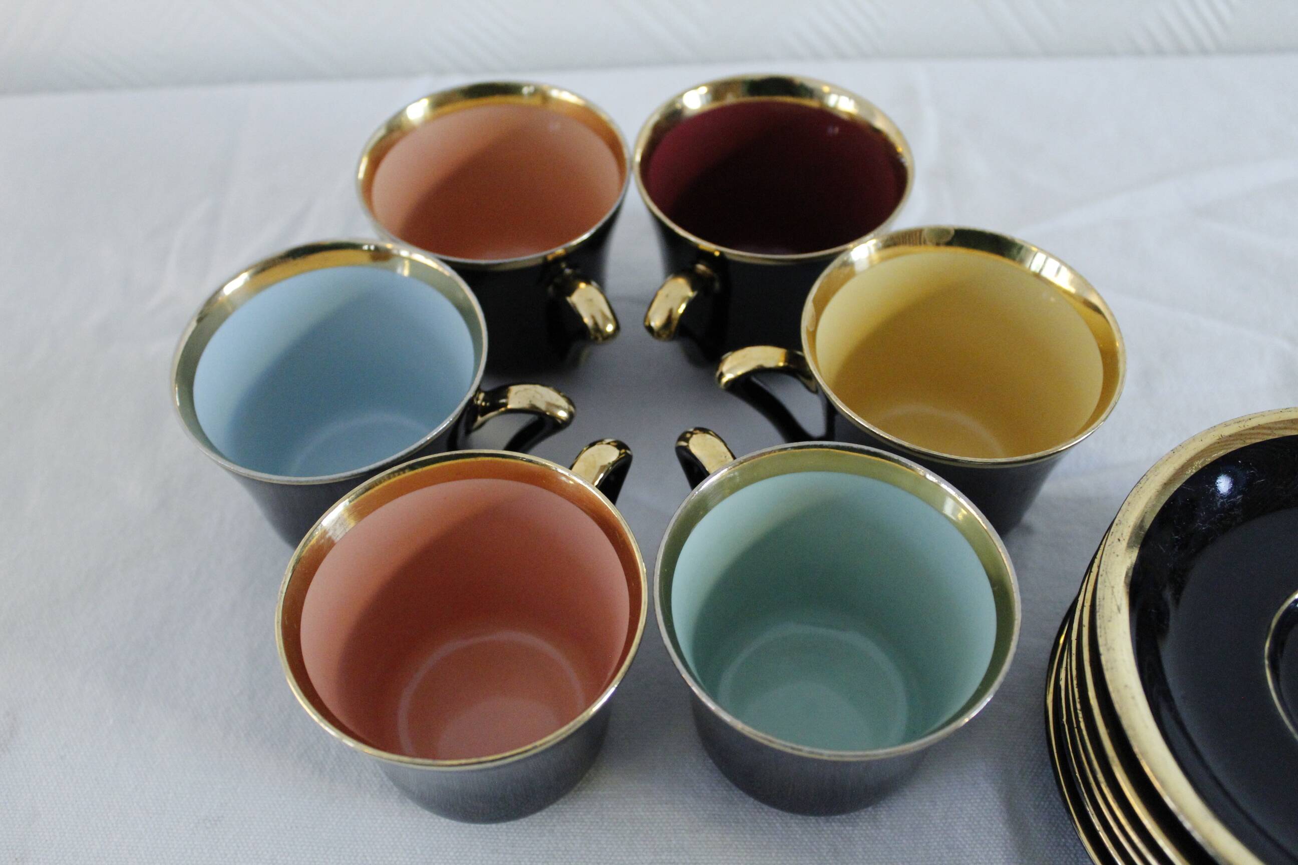 Porcelain coffee set - Porcelac - 6 cups + saucers - black and colors