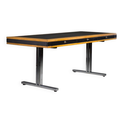 Bureau moderne du milieu du siècle en chêne et chrome avec plateau en cuir, années 1980