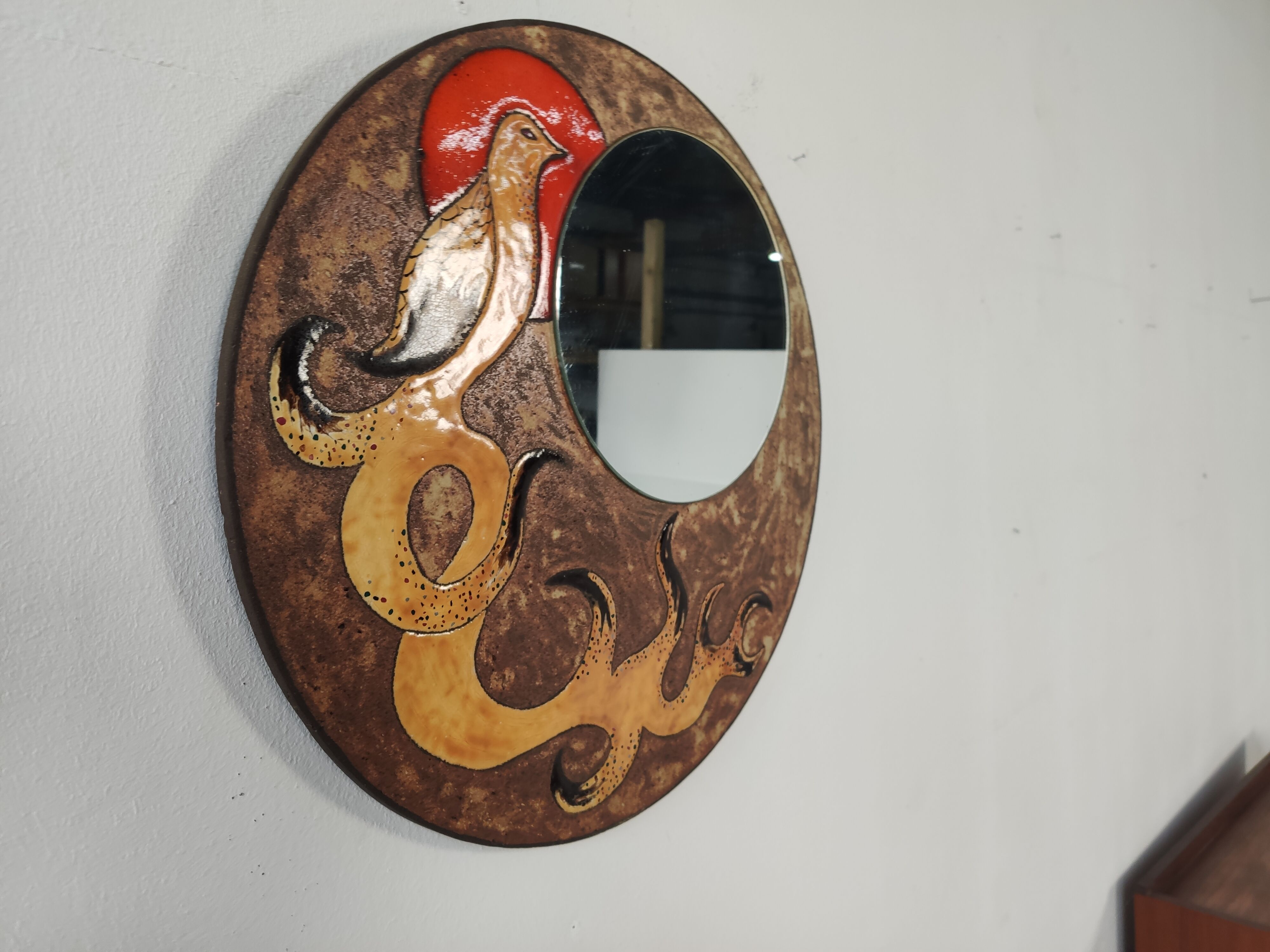 Enamel mirror on Volvic lava by Jacques Avier, 1980s