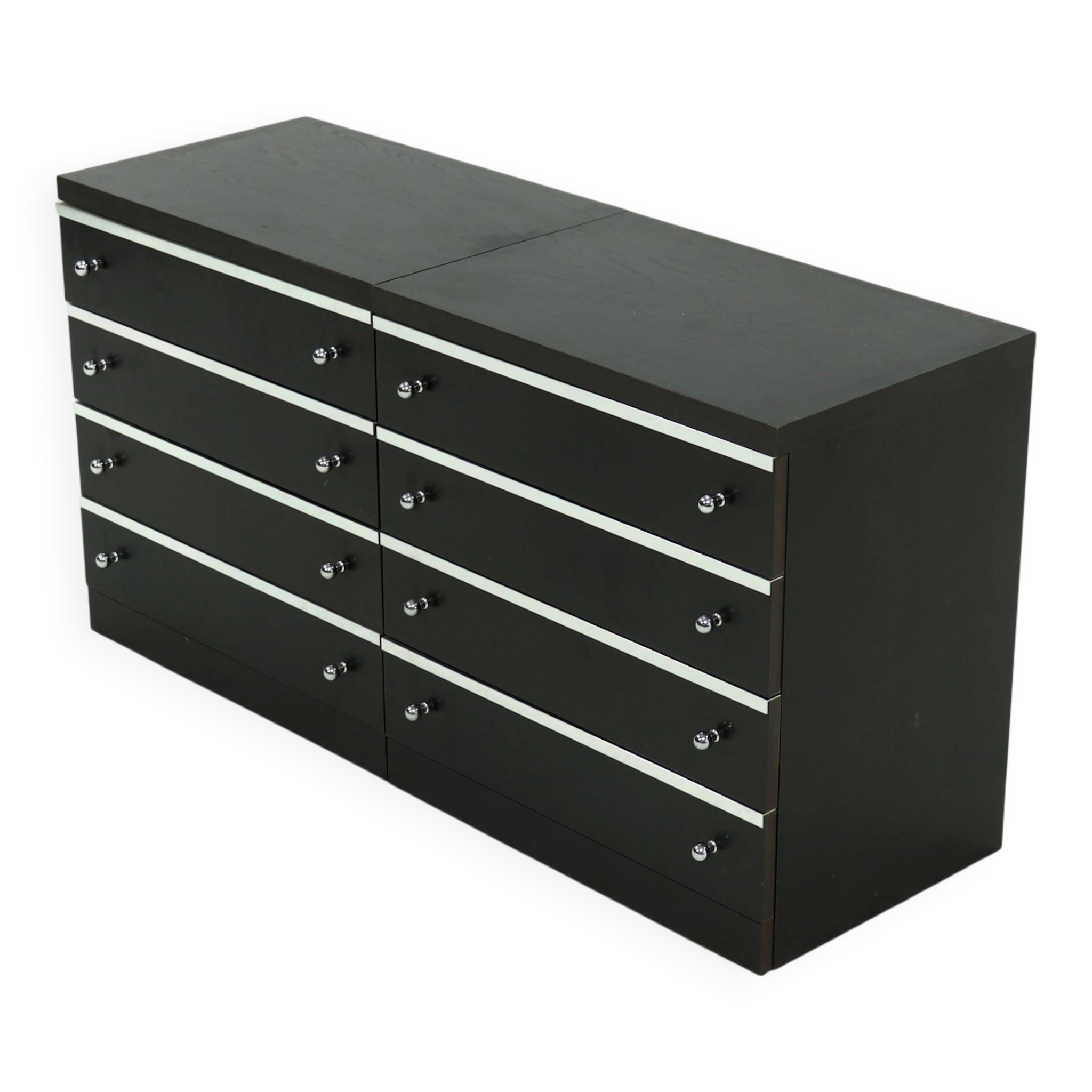 Pair Chest of Drawers in Ebonized Wood with Aluminium Accents 1980s