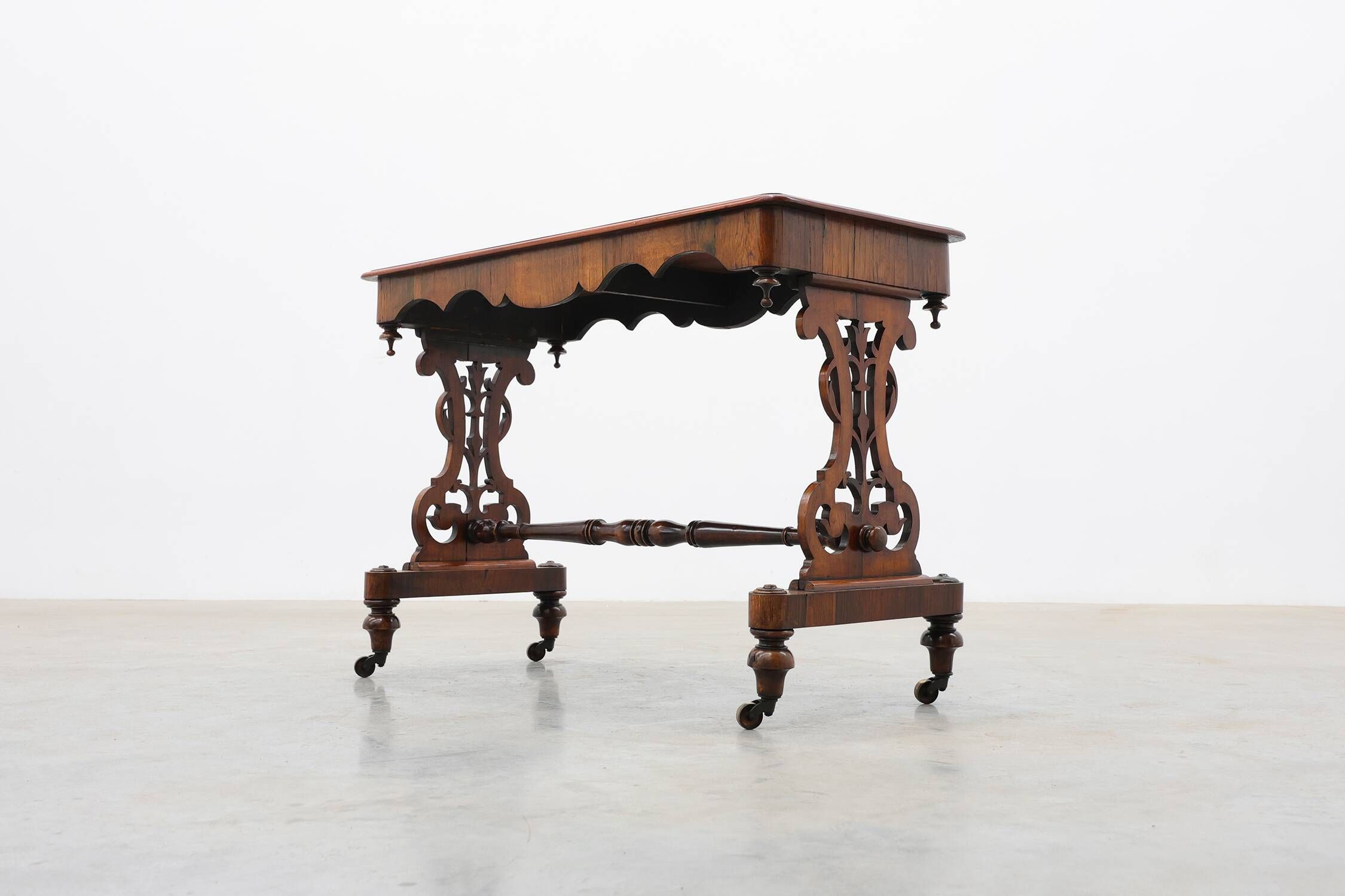 Victorian Walnut Side Table with Inlaid Top and Pierced Scroll Ends, Englan