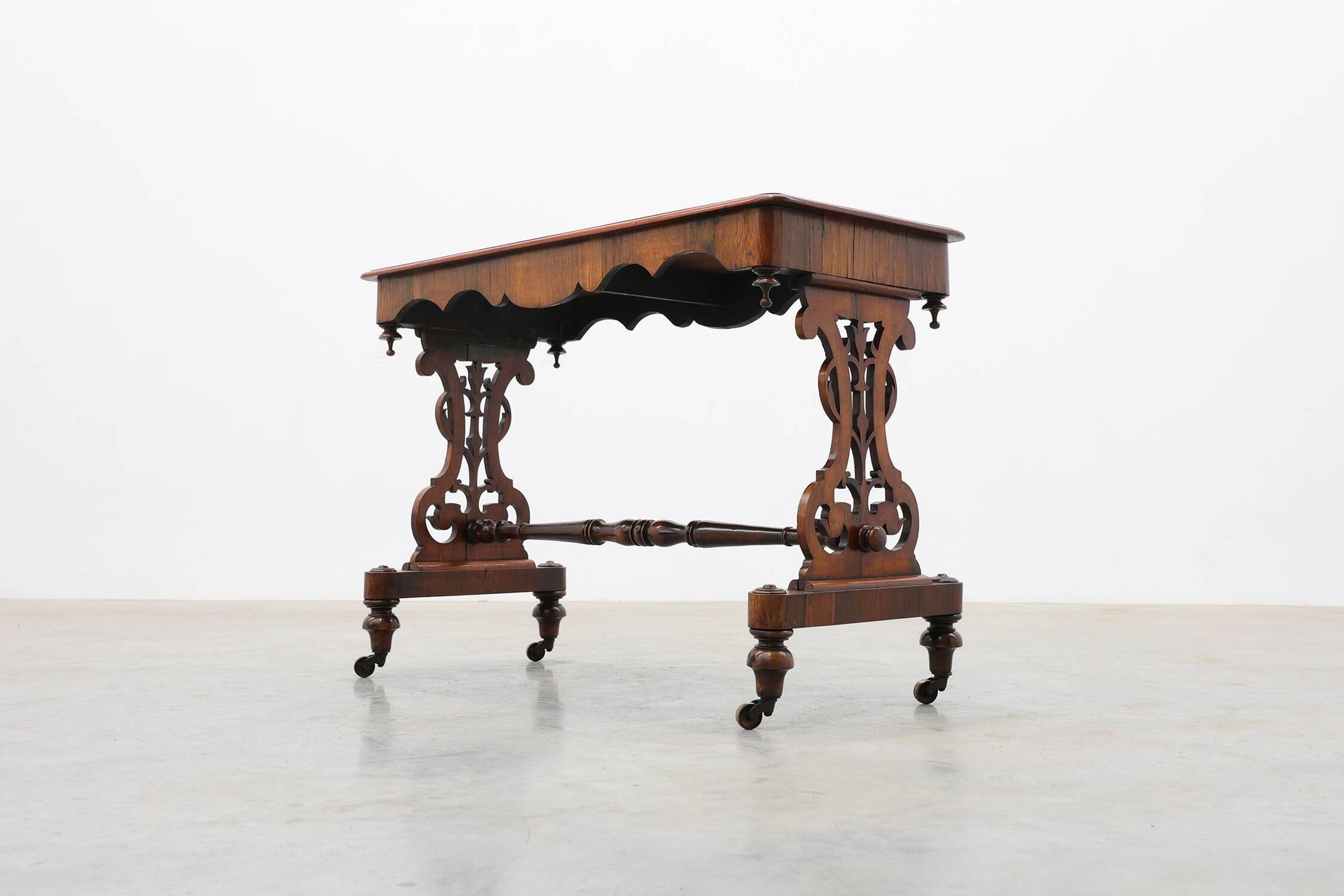 Victorian Walnut Side Table with Inlaid Top and Pierced Scroll Ends, Englan