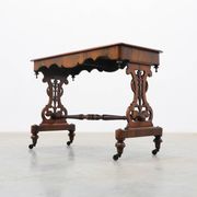 Victorian Walnut Side Table with Inlaid Top and Pierced Scroll Ends, Englan
