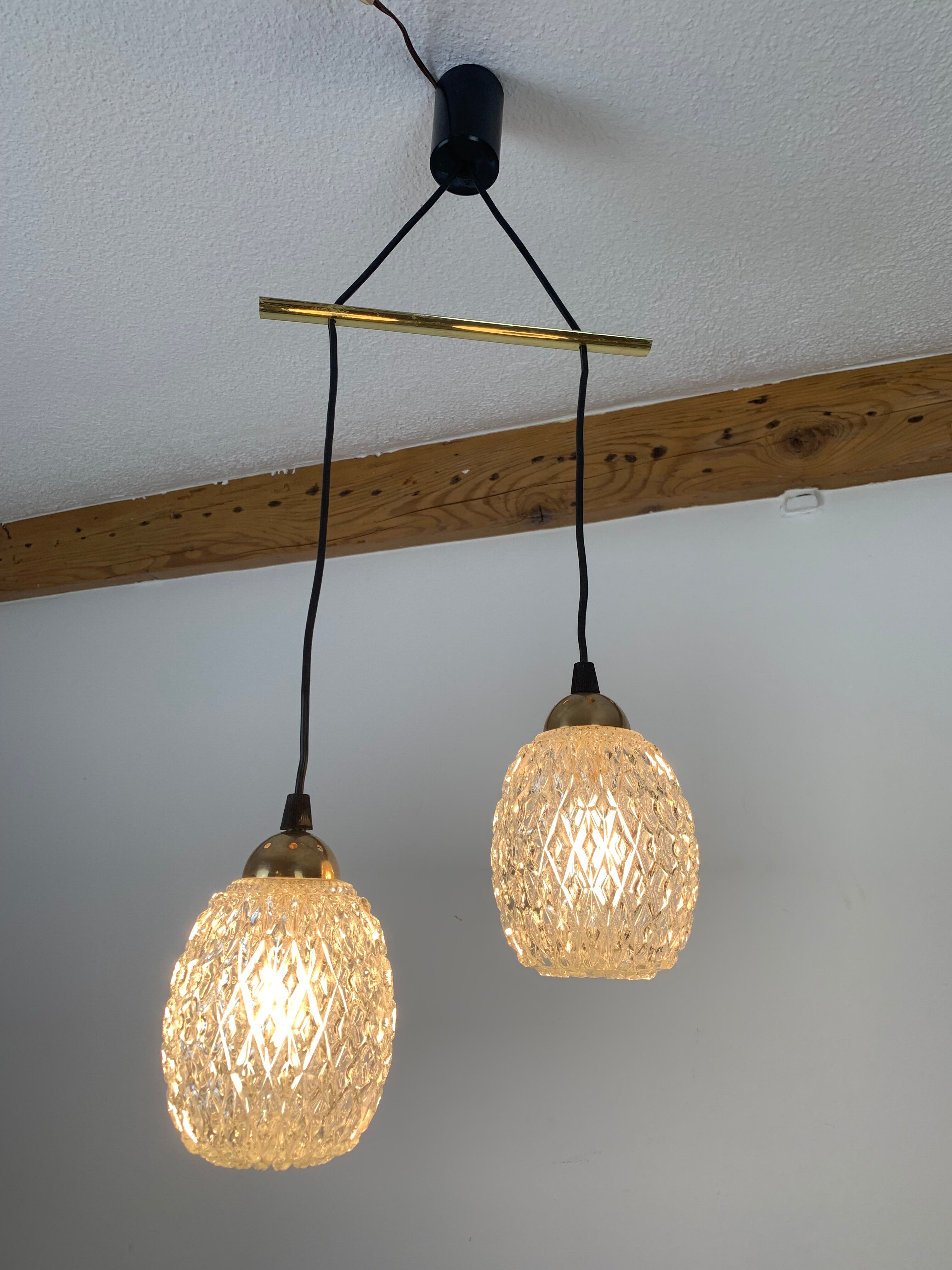 Suspension globes 2 lights, glass and brass, 50s