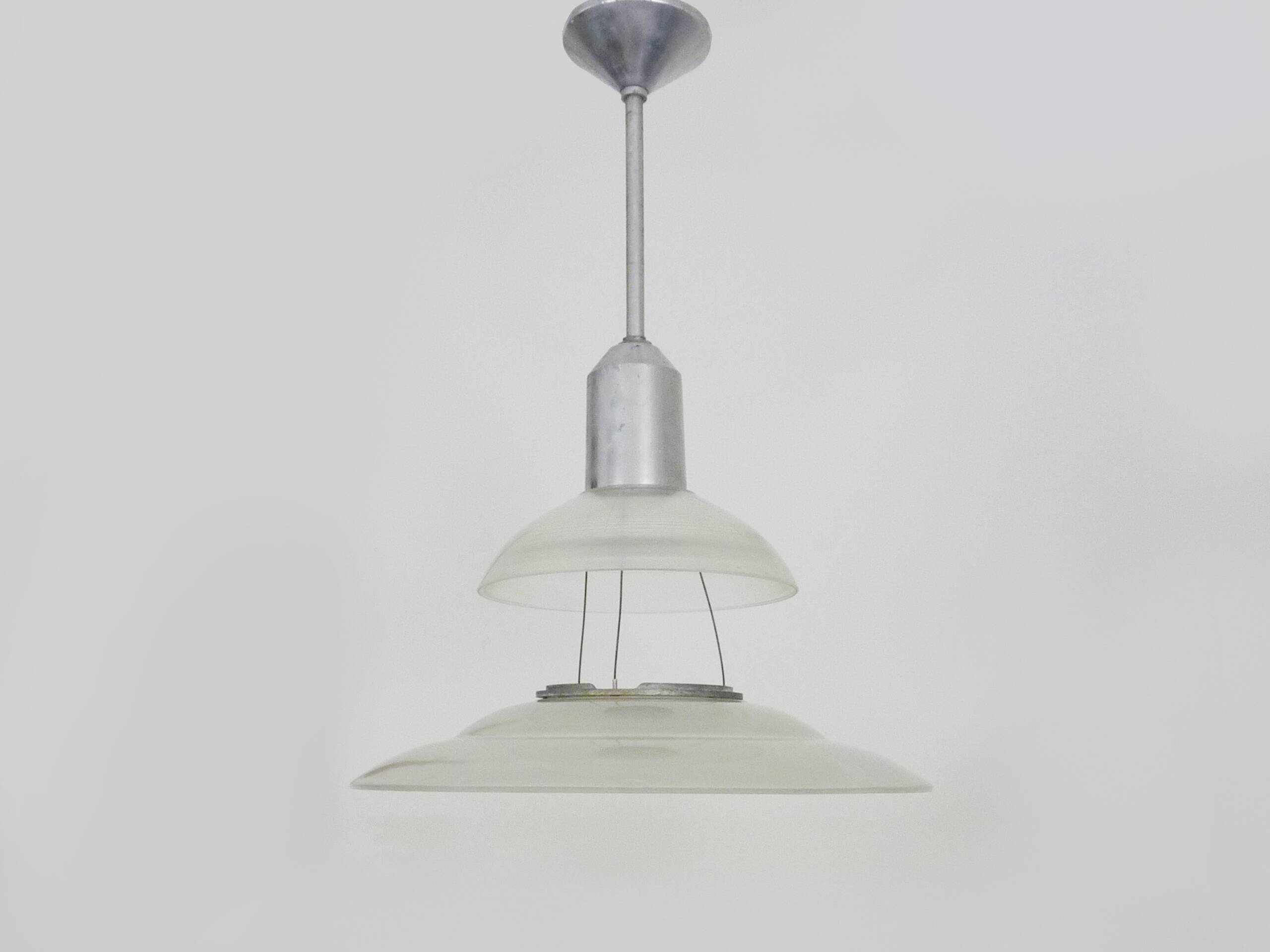 Chandelier, Space Age Flying Saucer Pendant Light, Holophane Style, Industrial Glass. 70s