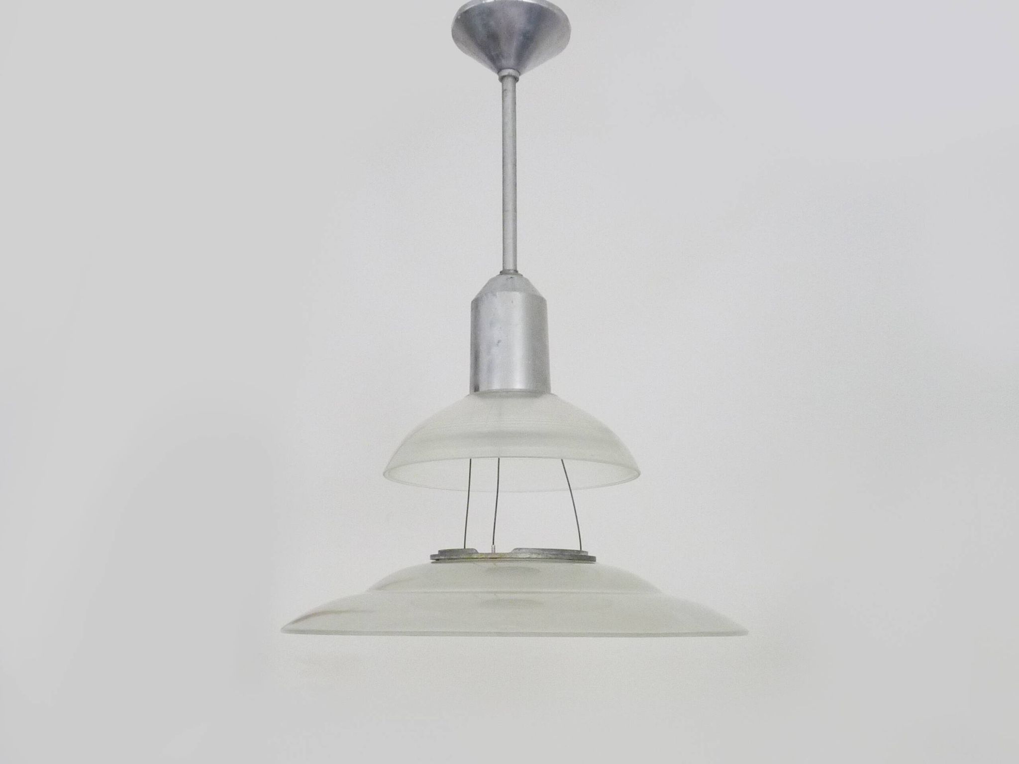 Chandelier, Space Age Flying Saucer Pendant Light, Holophane Style, Industrial Glass. 70s