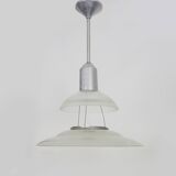 Chandelier, Space Age Flying Saucer Pendant Light, Holophane Style, Industrial Glass. 70s