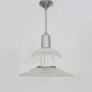 Chandelier, Space Age Flying Saucer Pendant Light, Holophane Style, Industrial Glass. 70s