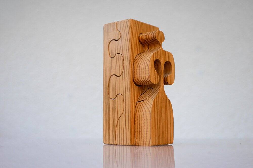 Puzzle in wood sculpture by Gunnar Kanevad for Gamla Linköping, Sweden, 1962.
