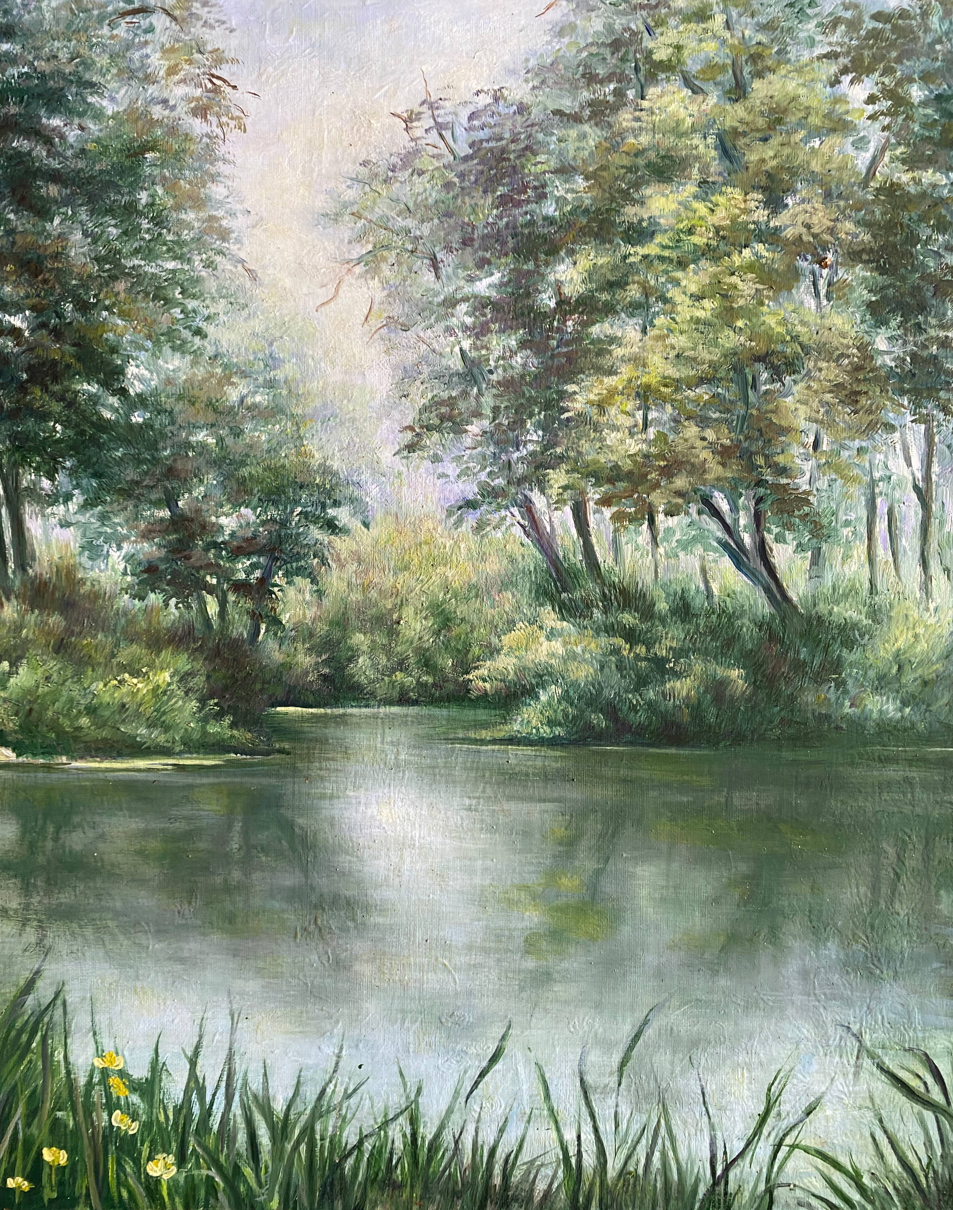 HST painting "Landscape with wooded river" - signed Valena XX° + frame