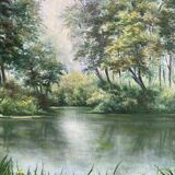 HST painting "Landscape with wooded river" - signed Valena XX° + frame