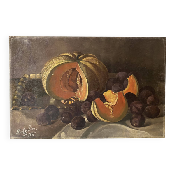 Nature morte à l'huile sur toile 1911, tableau ancien signée F. Lallier