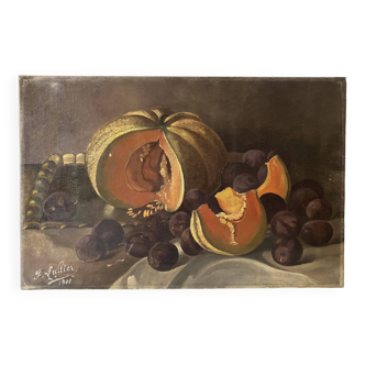 Nature morte à l'huile sur toile 1911, tableau ancien signée F. Lallier