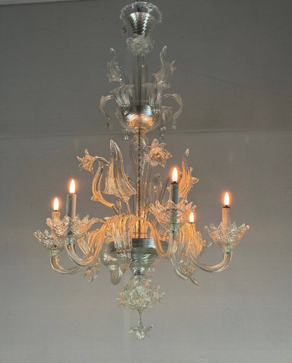 Venetian chandelier in colorless murano glass, 6 arms of light circa 1950
