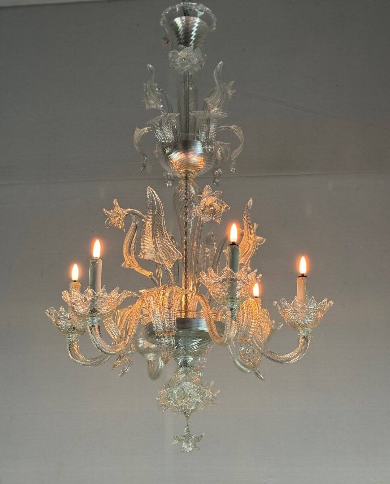 Venetian chandelier in colorless murano glass, 6 arms of light circa 1950