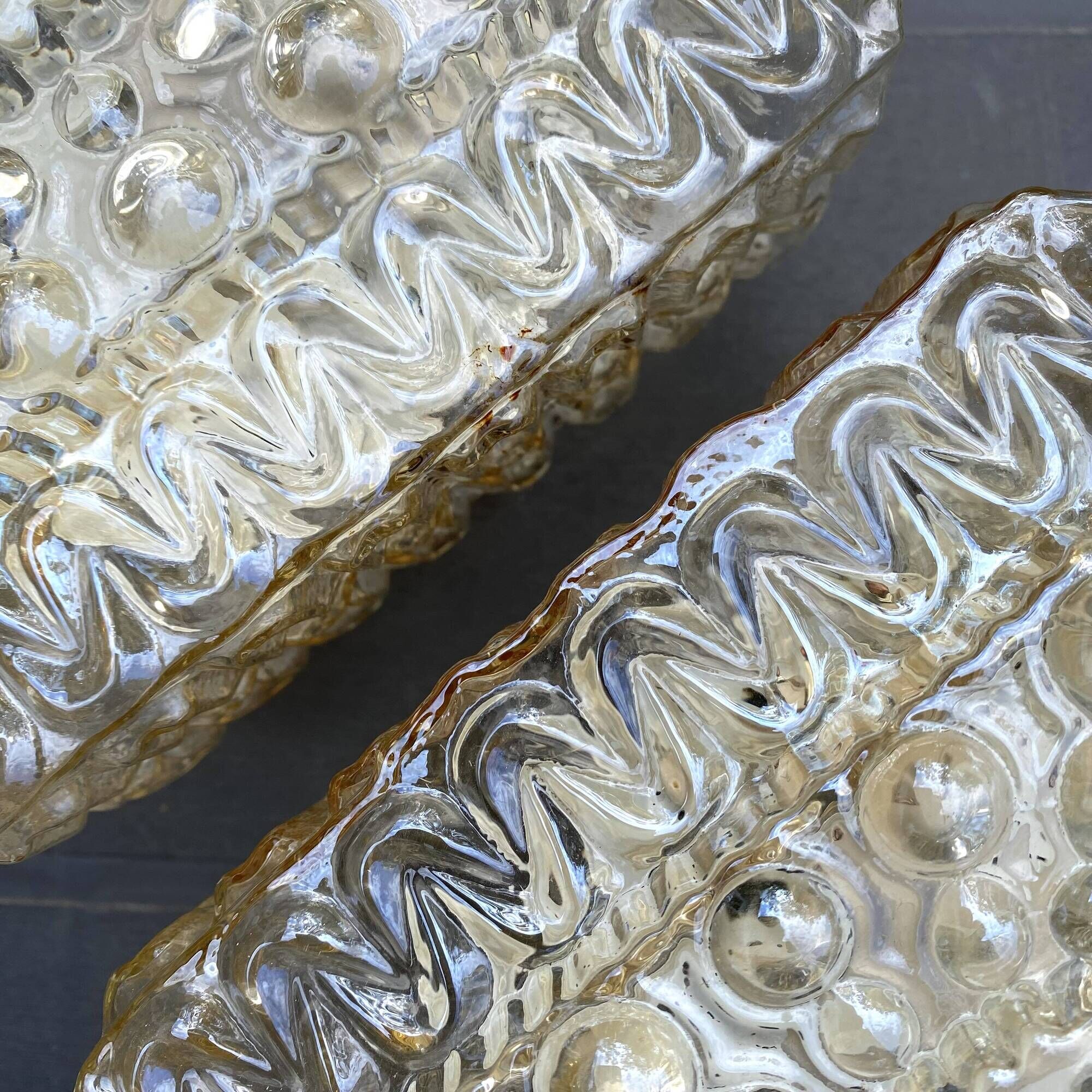 2 square ceiling lights in amber glass, 70s-80s