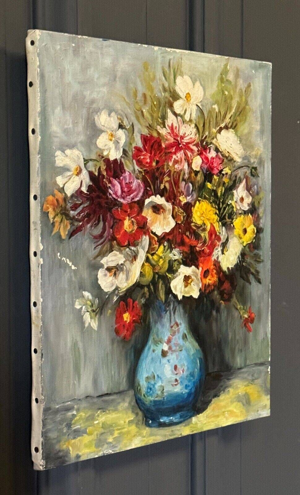 Huile sur toile nature morte 1960 bouquet de fleurs XXe vase bleu | Selency