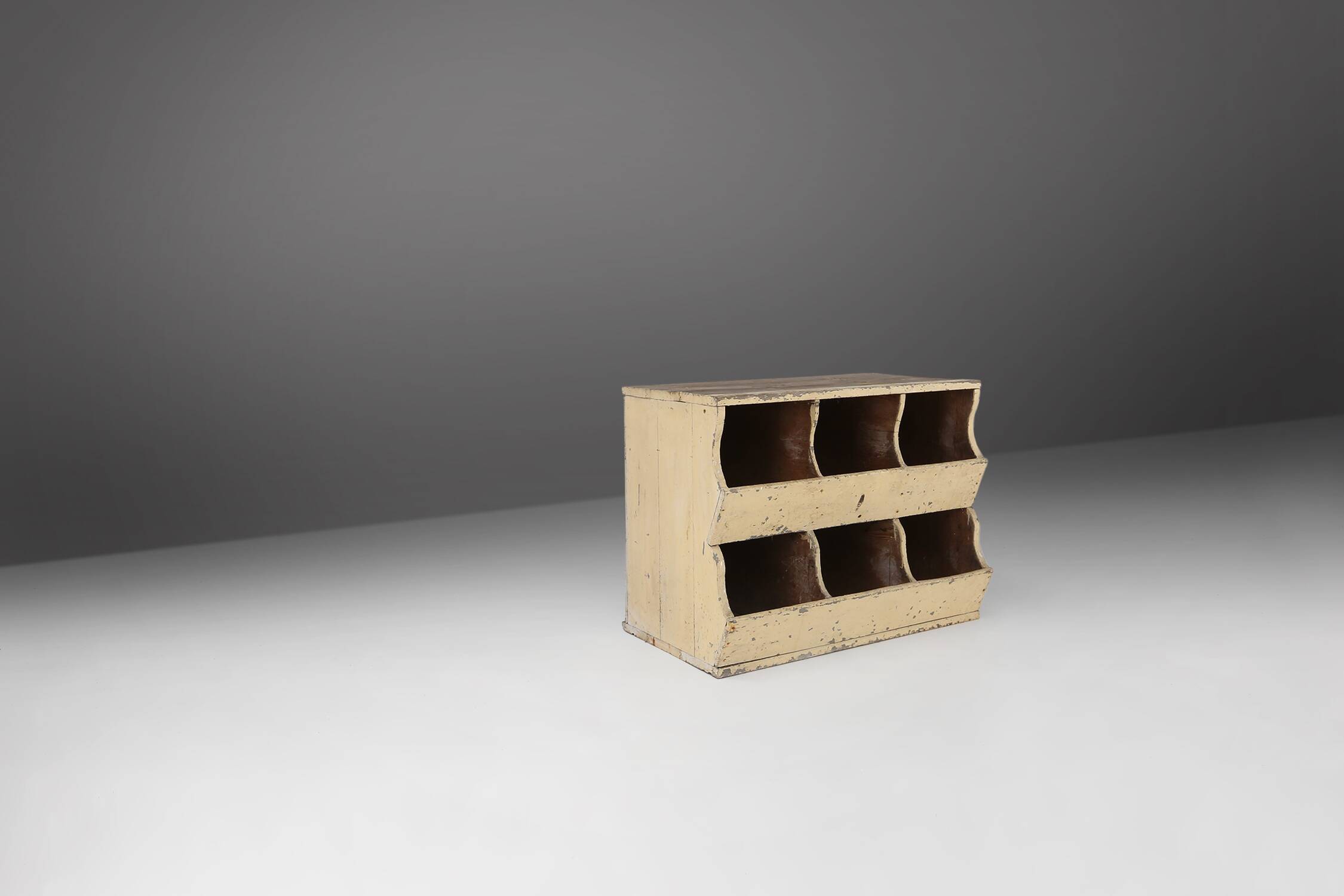 Unique industrial lacquered compartment cabinet with rich patina, France, 1890