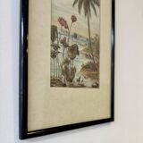 Vintage Print of Lotus Flower and Palm Tree Black Frame
