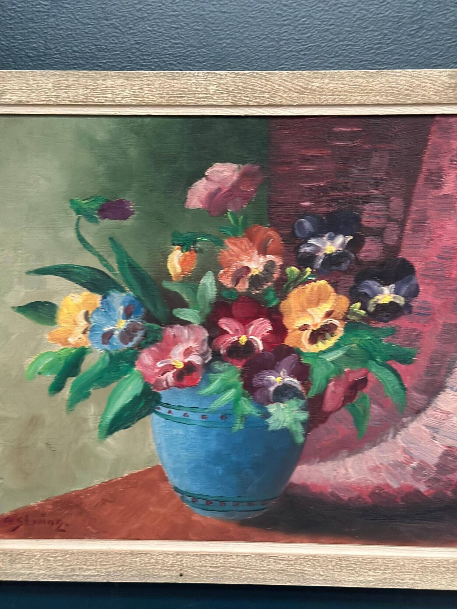 Original Swedish Oil on Canvas – “Pansies in Blue Vase” by G. Stränz
