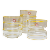 Set of 9 vintage Empoli glass bowls in clear glass with a yellow rim, 1980s design