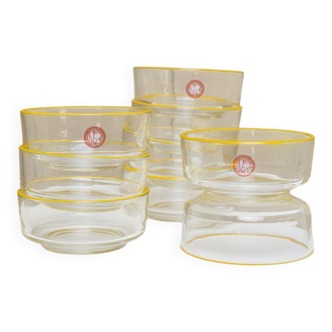 Set of 9 vintage Empoli glass bowls in clear glass with a yellow rim, 1980s design