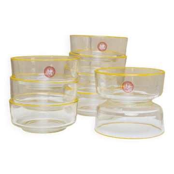 Ensemble de 9 bols en verre vintage Empoli en verre transparent avec un bord jaune, design des années 1980.