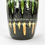 "Fat Lava" vase black background and colorful enamelled drippings