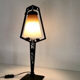 Charles SCHNEIDER art nouveau desk lamp, in glass with signature and hammered metal